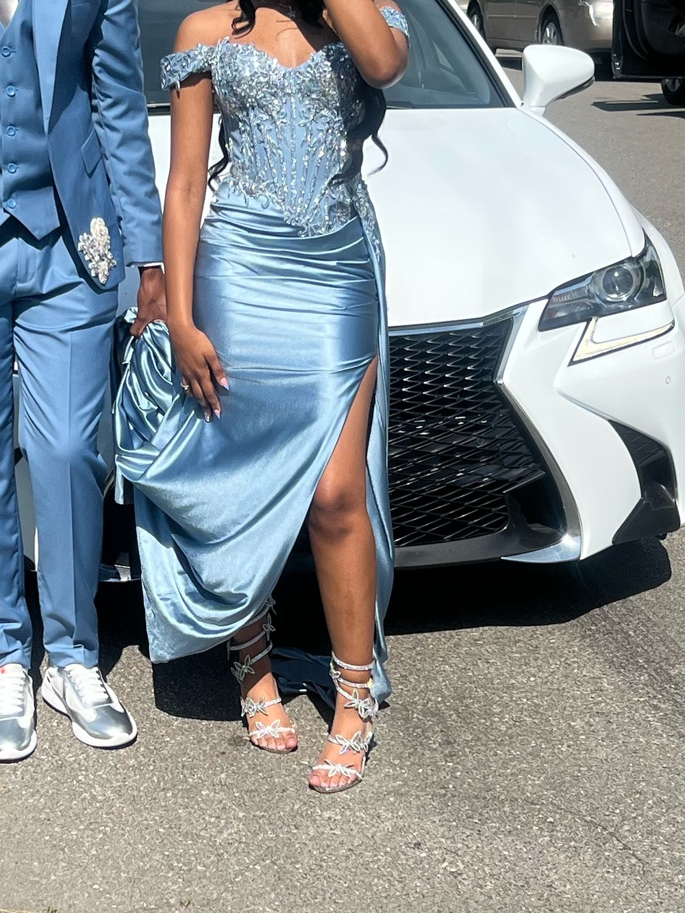 Beaded Satin Prom Dress in Dusty Blue